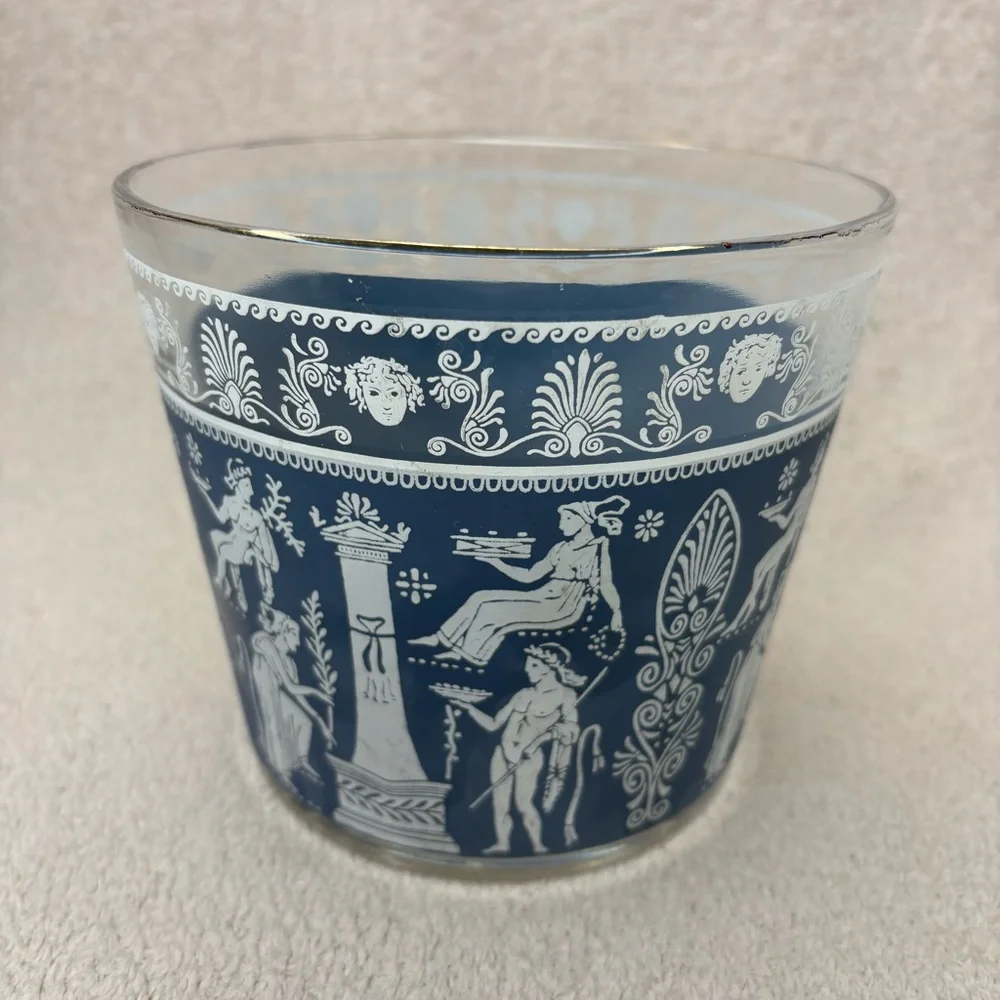 Vintage Jeanette Blue and White Wedgwood-Style Glass Ice Bucket with Brass Frame